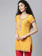 Souchii Women Yellow Embroidered Thread Work Kaftan Kurta | Grocsy