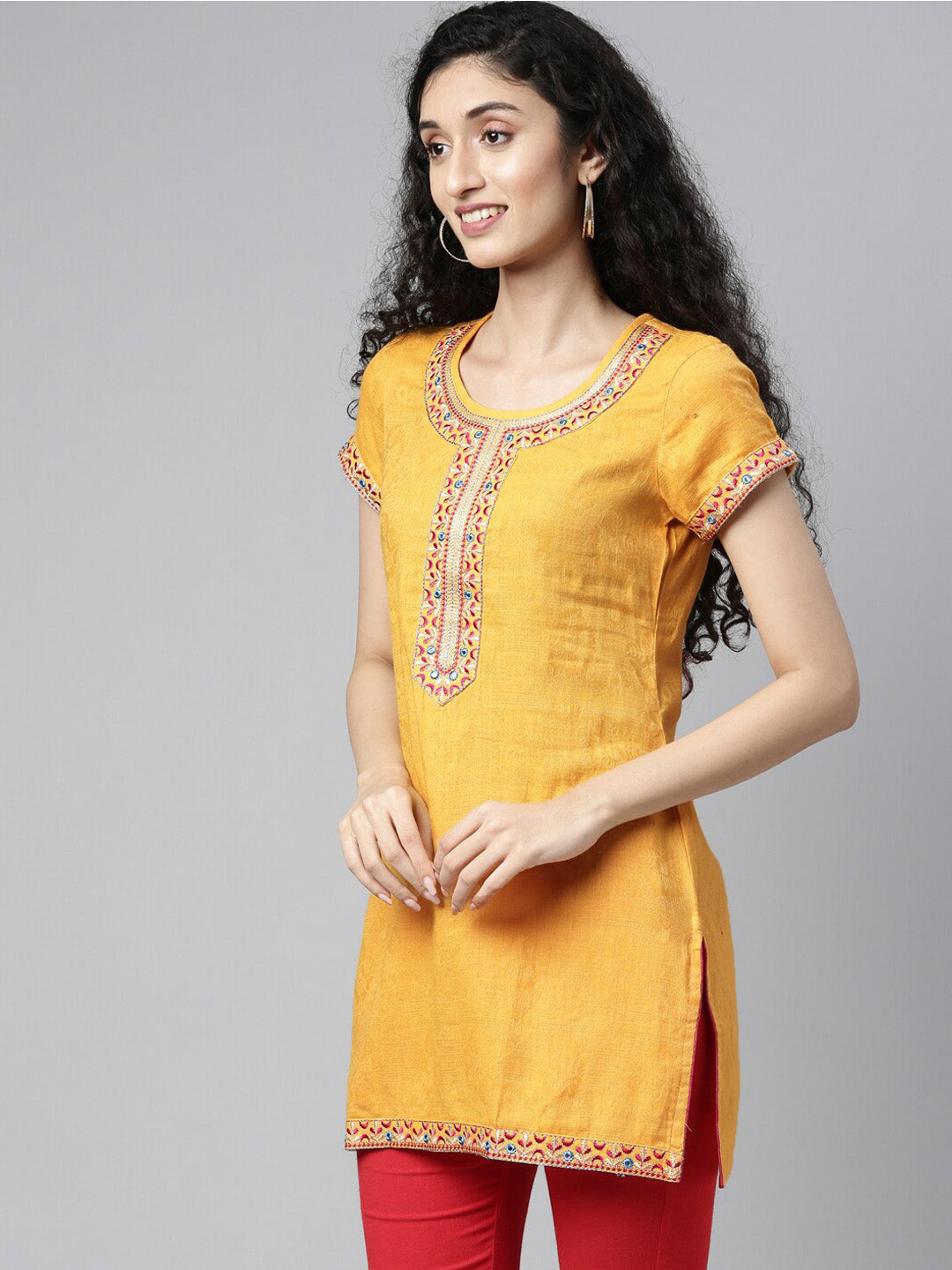 Souchii Women Yellow Embroidered Thread Work Kaftan Kurta | Grocsy