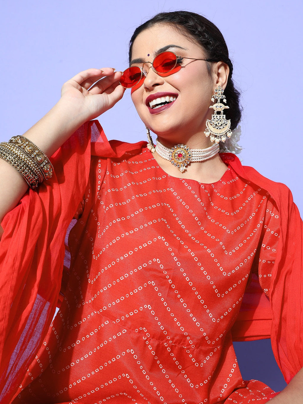 HERE&NOW Women Bandhani Polyester Fusion Bottom Kurta Set | Grocsy