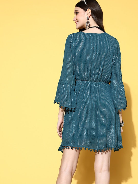 InWeave Teal Lurex Dress With Lace | Grocsy