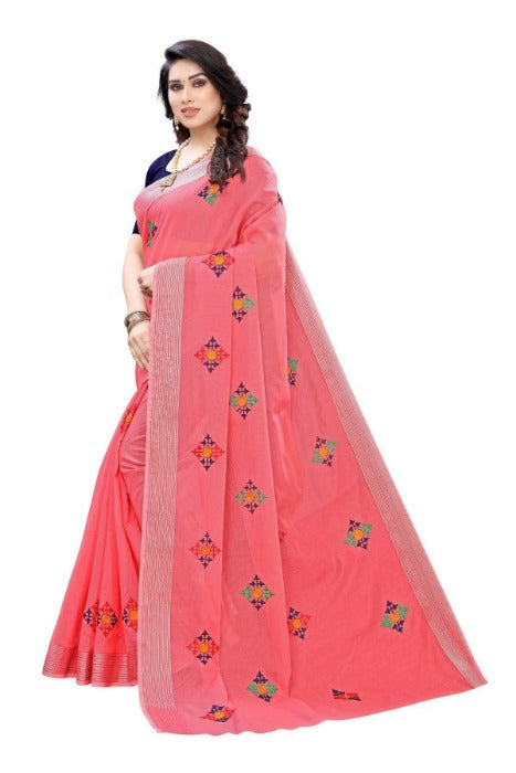 Vamika Chanderi Cotton Embroidery Red Saree (Dixa Red) | Grocsy