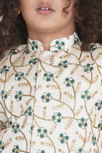 Little Bansi Banarsi Silk Blue Floral Embroidery Jacket With Cotton Kantha kurta And Kantha Dhoti - Cream | Grocsy