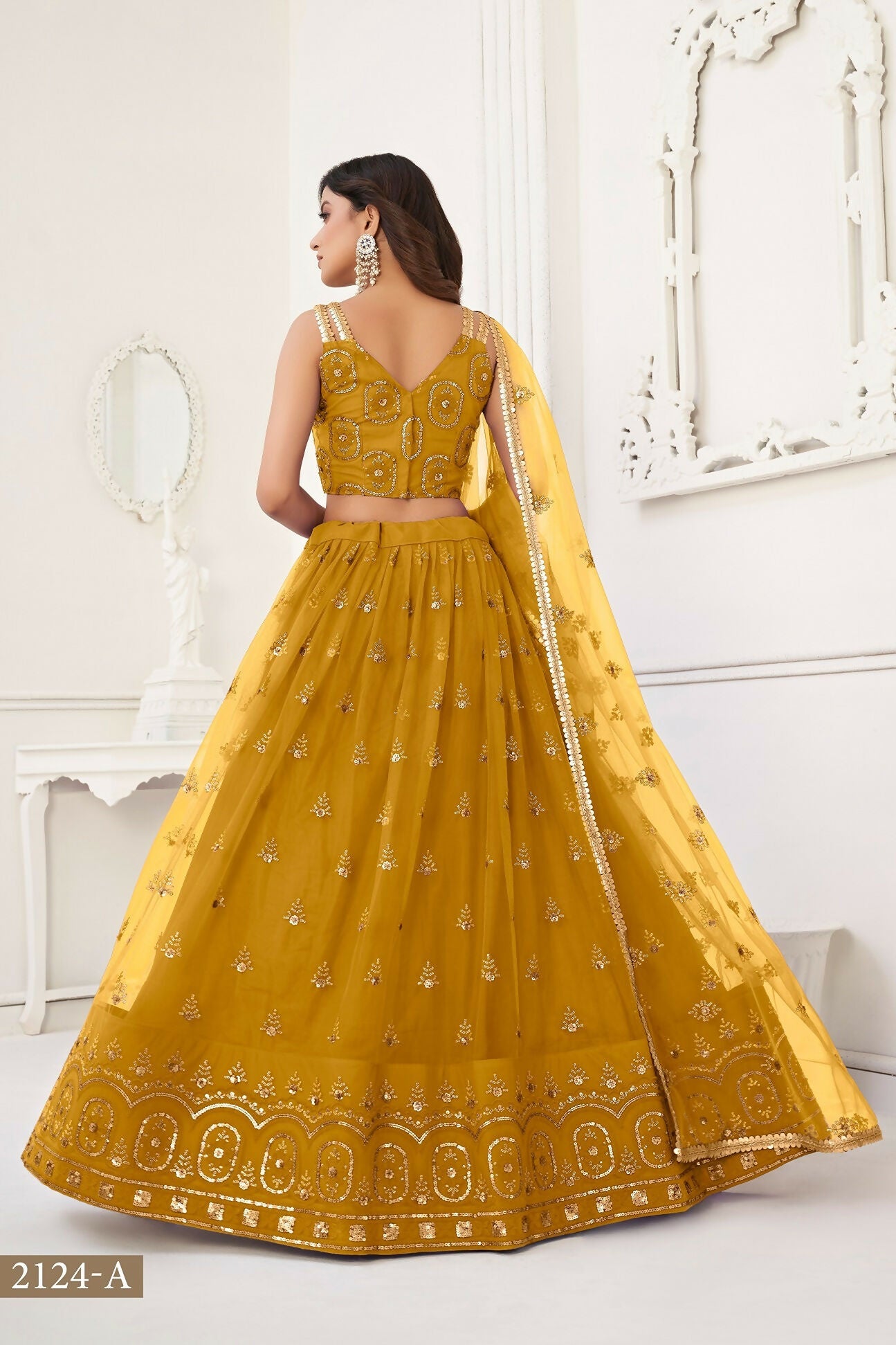 Eilara Women'S Mustard Yellow Butterfly Net With Tone Thread Work And Sandwich Embroidered Work Lehenga Choli For Wedding | Grocsy