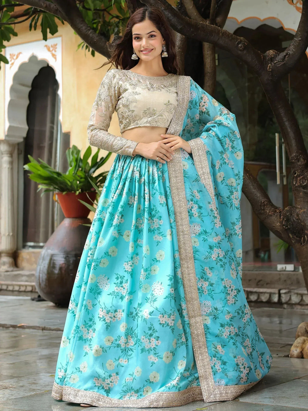 Tulsi Art Captivating Sky Blue Floral Print Organza Function Wear Lehenga Choli | Grocsy