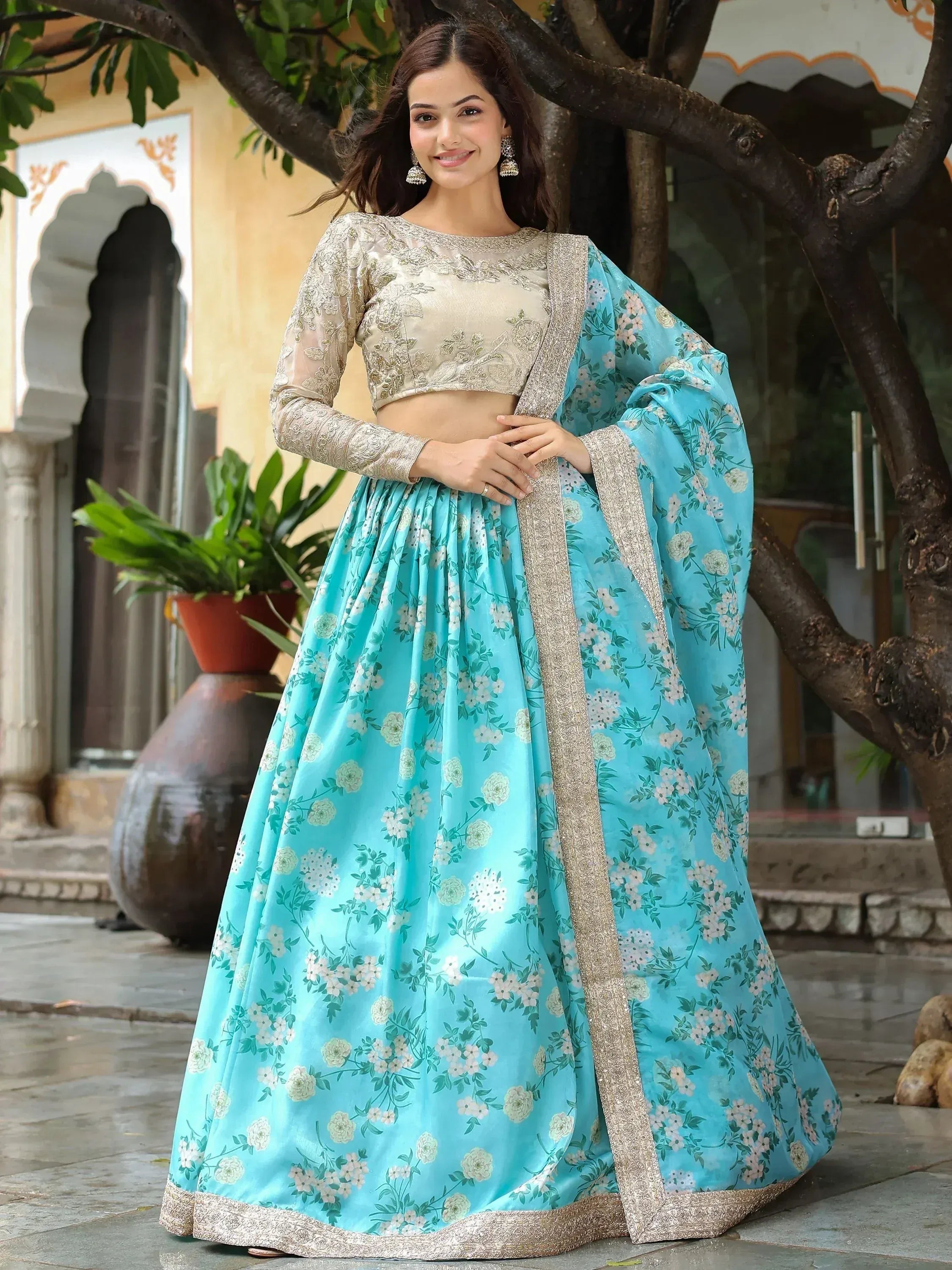 Tulsi Art Captivating Sky Blue Floral Print Organza Function Wear Lehenga Choli | Grocsy