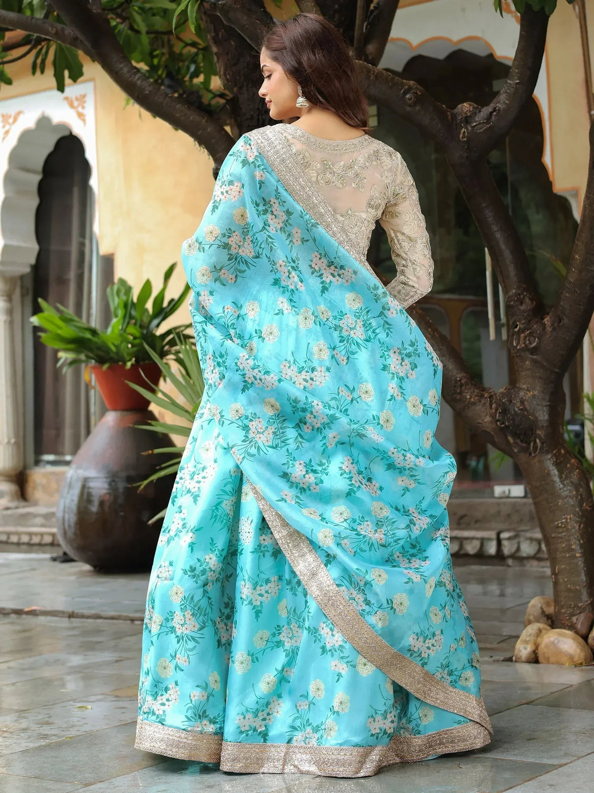 Tulsi Art Captivating Sky Blue Floral Print Organza Function Wear Lehenga Choli | Grocsy