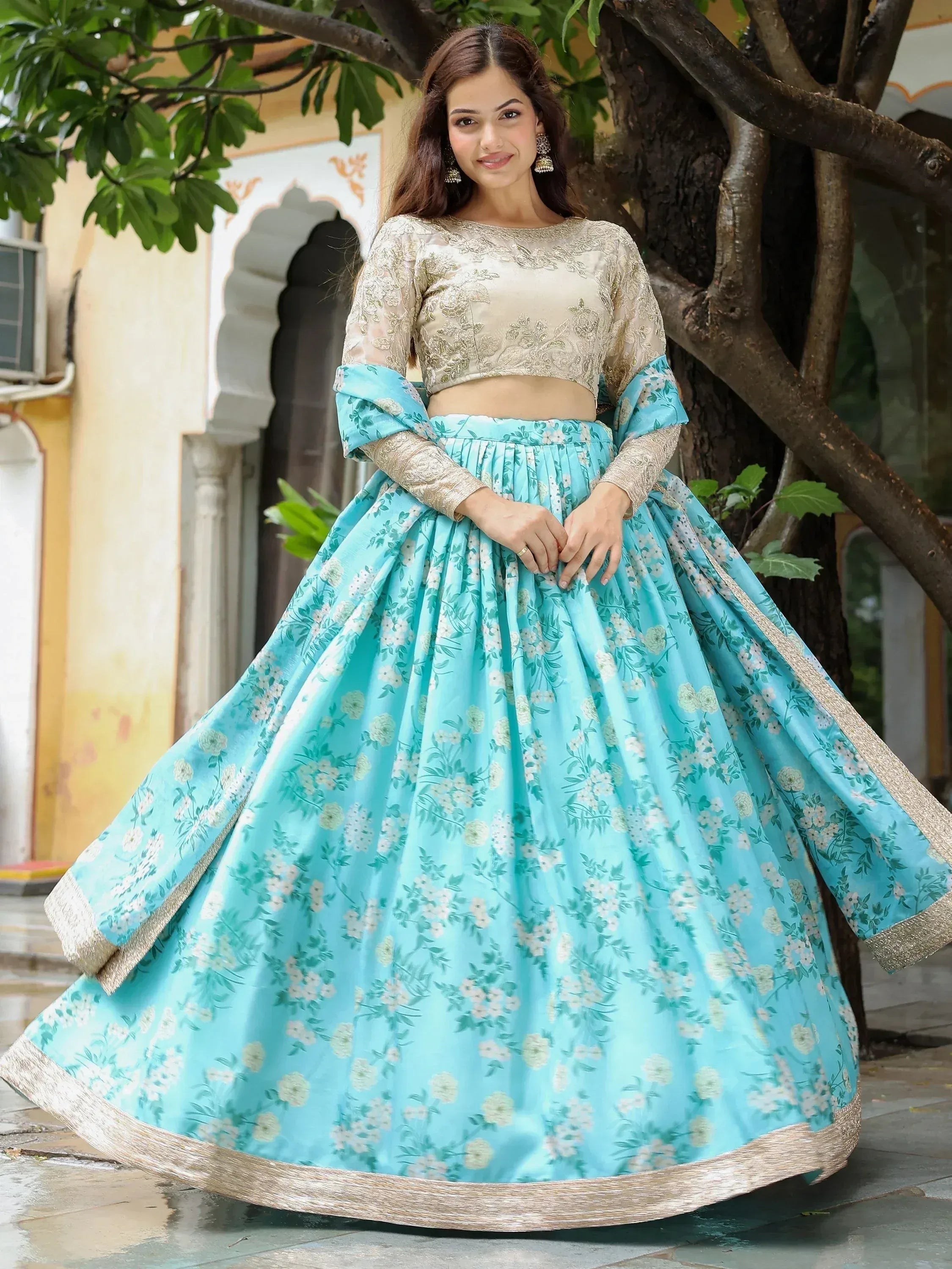 Tulsi Art Captivating Sky Blue Floral Print Organza Function Wear Lehenga Choli | Grocsy