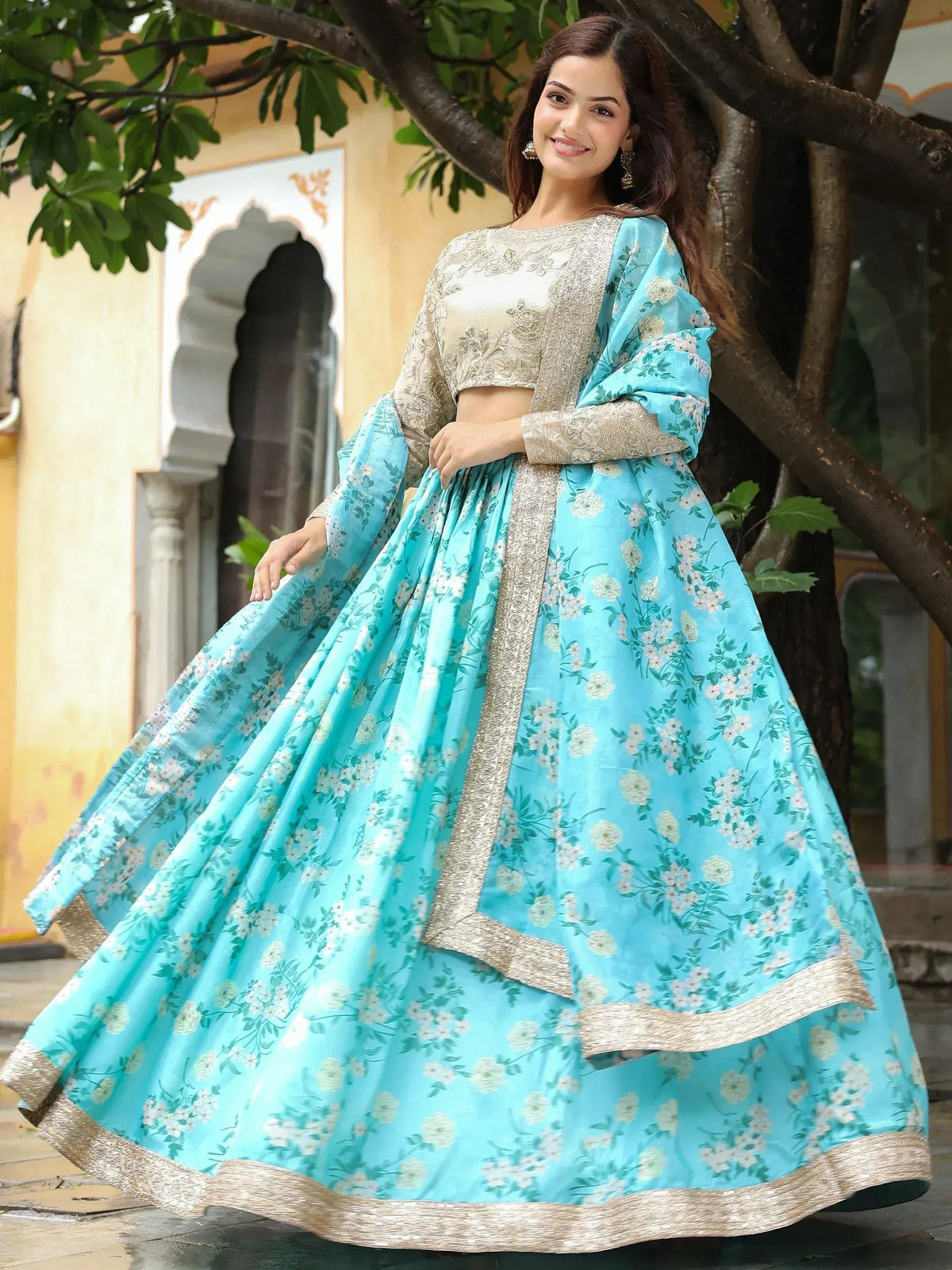 Tulsi Art Captivating Sky Blue Floral Print Organza Function Wear Lehenga Choli | Grocsy