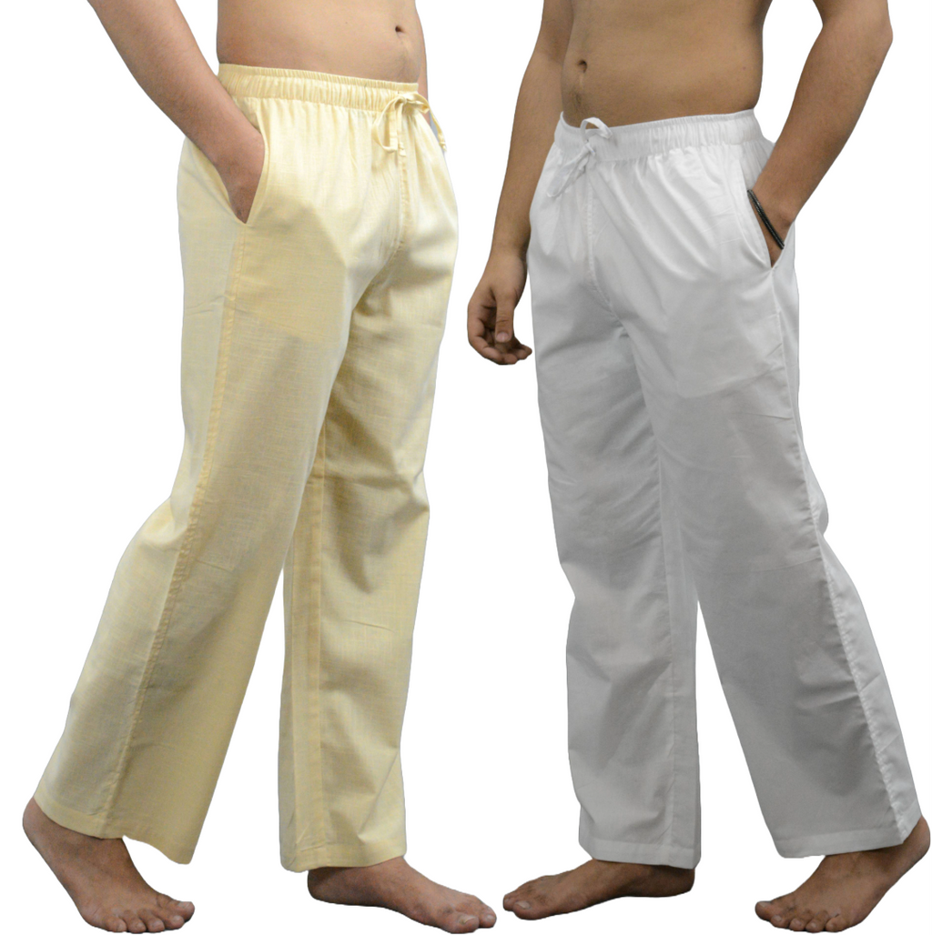 Fabmade White & Beige Combo Linen Pajama | Grocsy