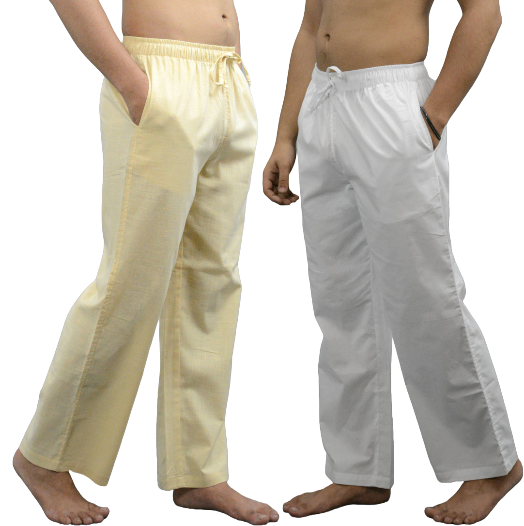 Fabmade White & Beige Combo Linen Pajama | Grocsy