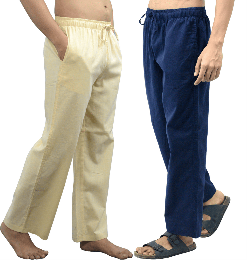 Fabmade Navy Blue & Beige Combo Men Linen Pajama | Grocsy