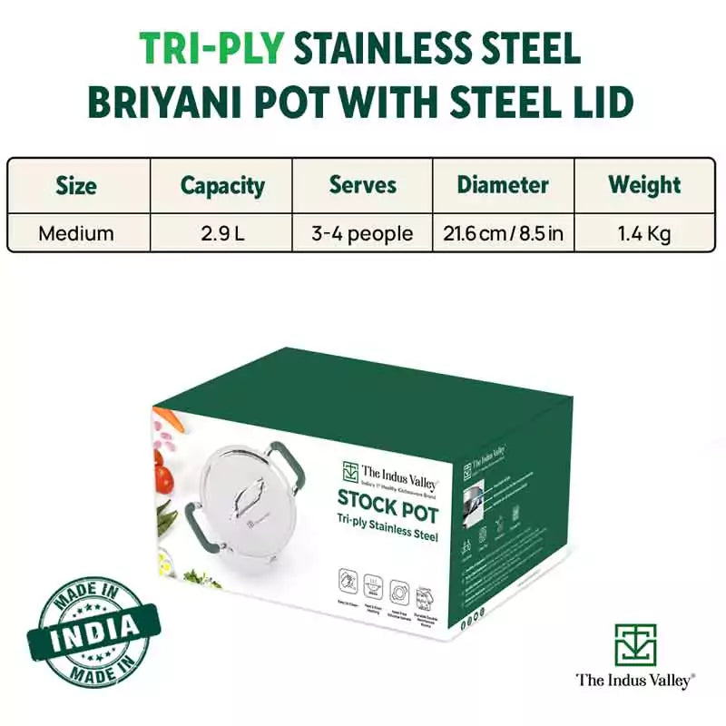 The Indus Valley TurboCuk Tri-ply Stainless Steel Biryani Cooking Pot/Casserole, Premium Quality, 3 Layer Thick Body, Cool Silicone Handles, 100% Toxin-free, Non-stick, Induction & Gas, Spatula, 2.9L | Grocsy