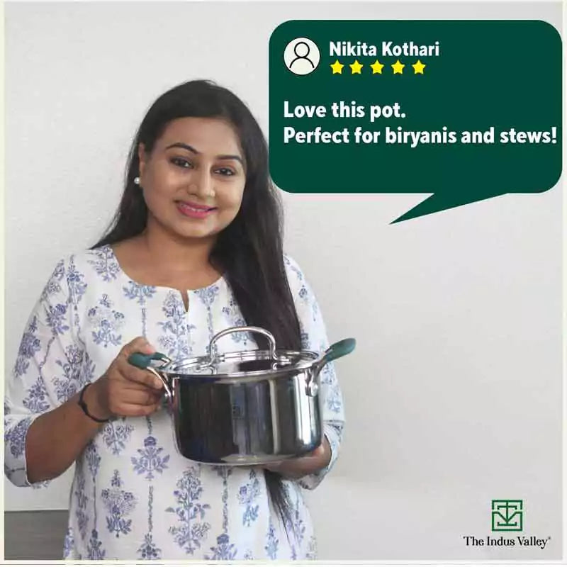 The Indus Valley TurboCuk Tri-ply Stainless Steel Biryani Cooking Pot/Casserole, Premium Quality, 3 Layer Thick Body, Cool Silicone Handles, 100% Toxin-free, Non-stick, Induction & Gas, Spatula, 2.9L | Grocsy