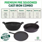 The Indus Valley CASTrong Cast Iron Cookware Set: Tawa+ Kadai+ Frypan, Kitchen Set for Home, Pre-seasoned, 100% Pure, Induction, Tadka Pan | Grocsy