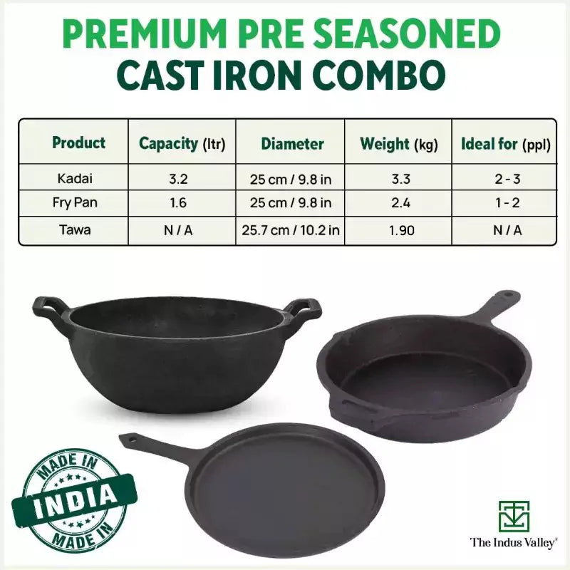 The Indus Valley CASTrong Cast Iron Cookware Set: Tawa+ Kadai+ Frypan, Kitchen Set for Home, Pre-seasoned, 100% Pure, Induction, Tadka Pan | Grocsy