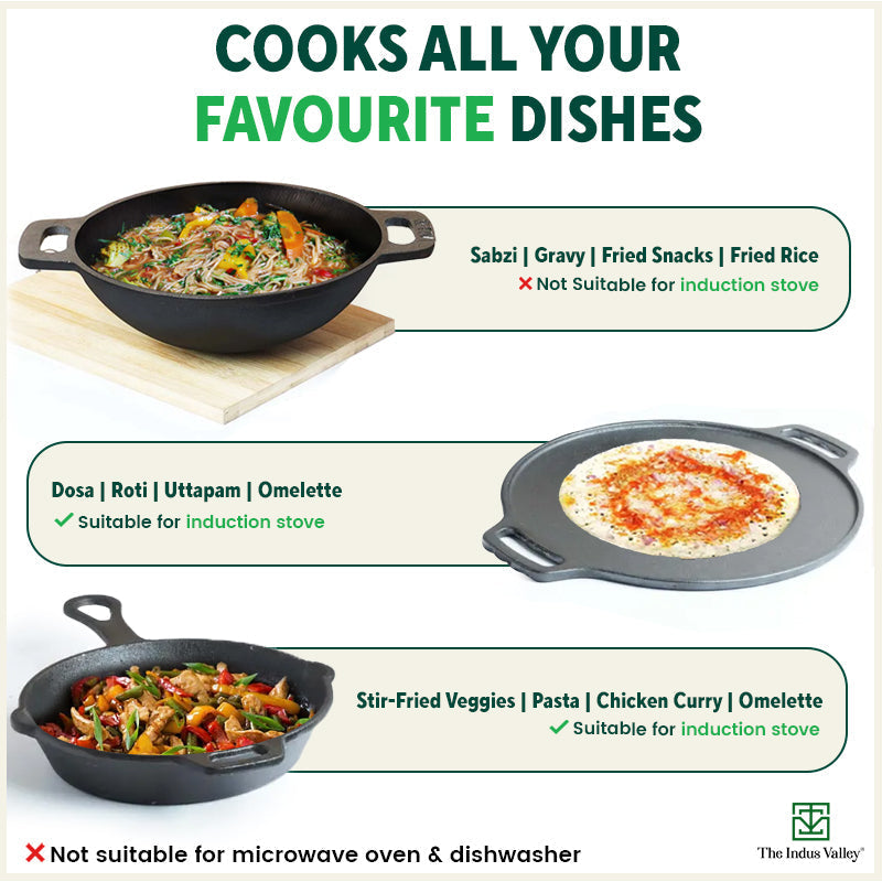 The Indus Valley CASTrong Cast Iron Cookware Set: Tawa+ Kadai+ Fry Pan, Kitchen Set for Home, Pre-seasoned, 100% Pure, Toxin-free, Tadka Pan | Grocsy
