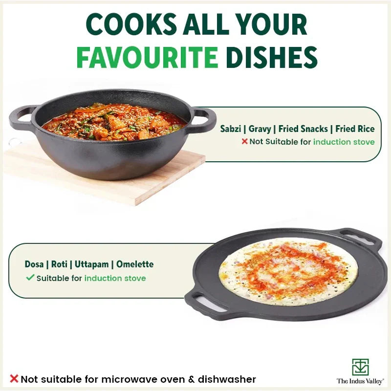 The Indus Valley CASTrong Cast Iron Cookware Set: Tawa+ Kadai, Kitchen Set for Home, Pre-seasoned, 100% Pure, Toxin-free, Induction, Tadka Pan | Grocsy
