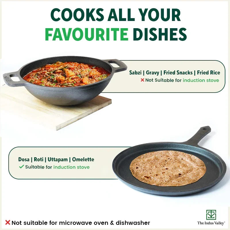 The Indus Valley CASTrong Cast Iron Cookware Set: Tawa+ Kadai (Wok model), Kitchen Set for Home, Pre-seasoned, 100% Pure, Toxin-free, Tadka Pan | Grocsy