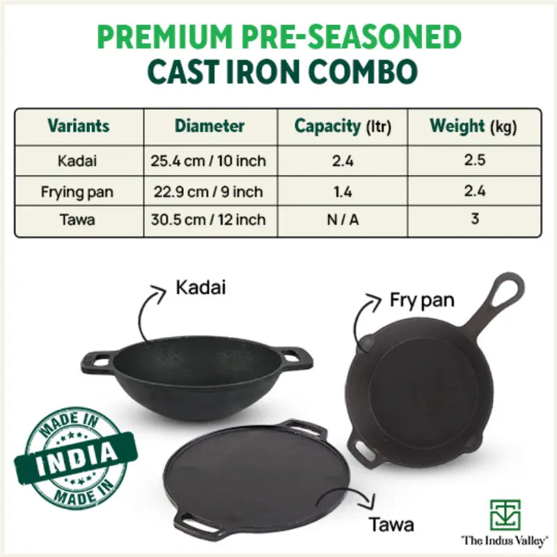 The Indus Valley CASTrong Cast Iron Cookware Set: Tawa+ Kadai+ Fry Pan, Kitchen Set for Home, Pre-seasoned, 100% Pure, Toxin-free, Tadka Pan | Grocsy
