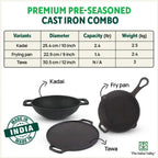 The Indus Valley CASTrong Cast Iron Cookware Set: Tawa+ Kadai+ Fry Pan, Kitchen Set for Home, Pre-seasoned, 100% Pure, Toxin-free, Tadka Pan | Grocsy