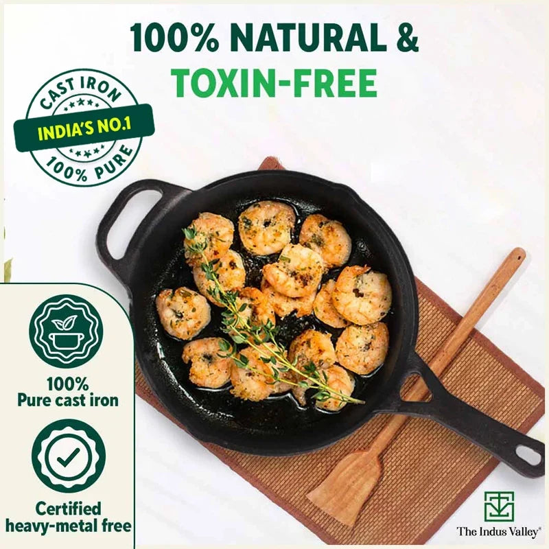 The Indus Valley CASTrong Cast Iron Fry Pan/Skillet, Pre-seasoned, Nonstick, 100% Pure, Toxin-free, Induction,Spatula, 25.4cm, 1.7L, 2.3kg | Grocsy