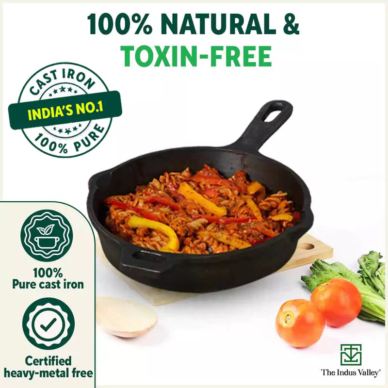 The Indus Valley Super Smooth Cast Iron Frypan+ Free ₹110 Spatula, Pre-seasoned, Nonstick, 100% Pure,Toxin-free, 25.4cm, 1.7L, 2.4kg | Grocsy