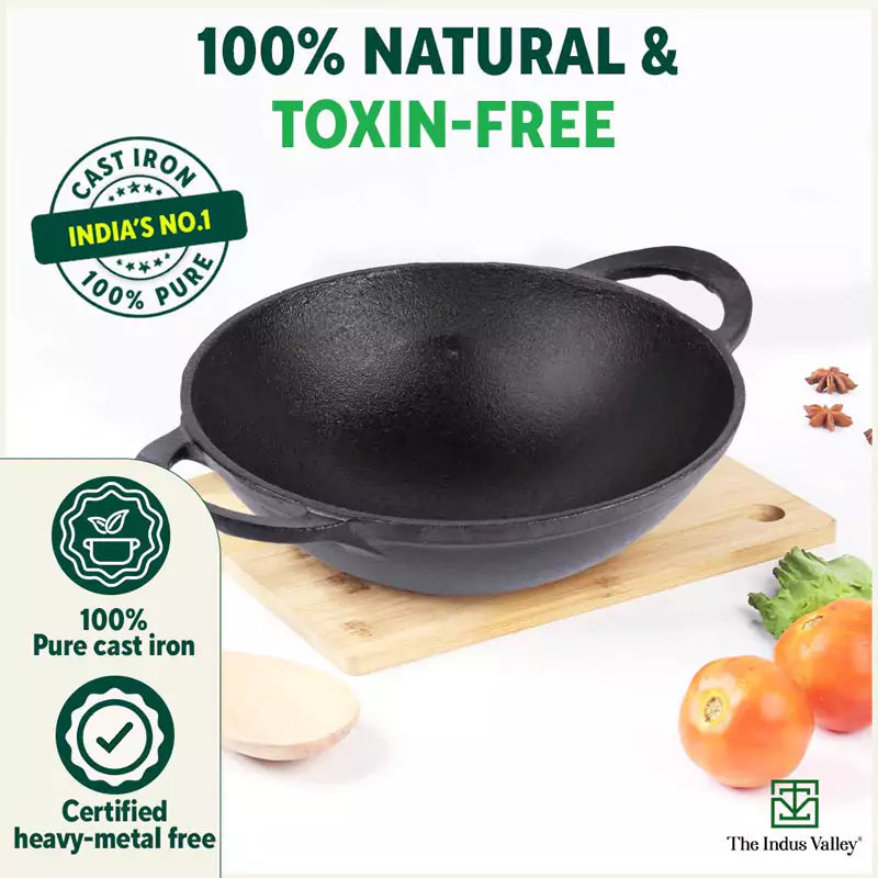 The Indus Valley CASTrong Cast Iron Kadai, Pre-seasoned, Nonstick, 100% Pure, Toxin-free, 20.3cm, 1.4L, 1.5kg | Grocsy