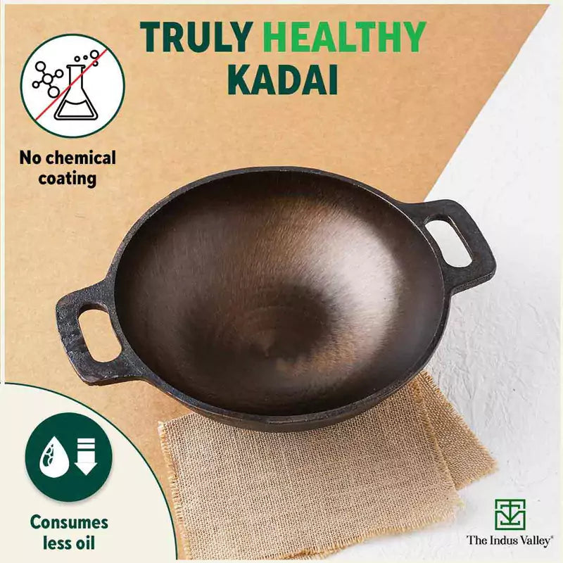 The Indus Valley Super Smooth Cast Iron Kadai,Pre-seasoned, Nonstick, 100% Pure, Toxin-free, Spatula, 25.4cm, 2.5L, 2.4kg | Grocsy