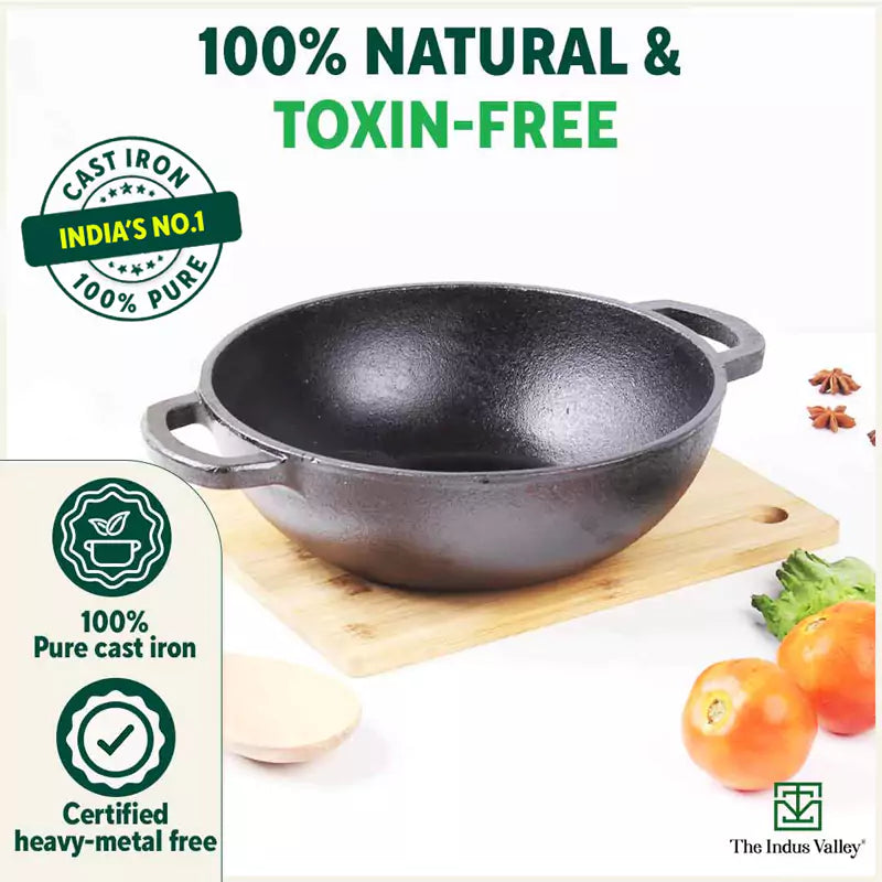 The Indus Valley CASTrong Cast Iron Kadai ,Pre-seasoned, Nonstick, 100% Pure, Toxin-free, Induction, Spatula, 25.4 cm, 2.3L, 2.5kg | Grocsy