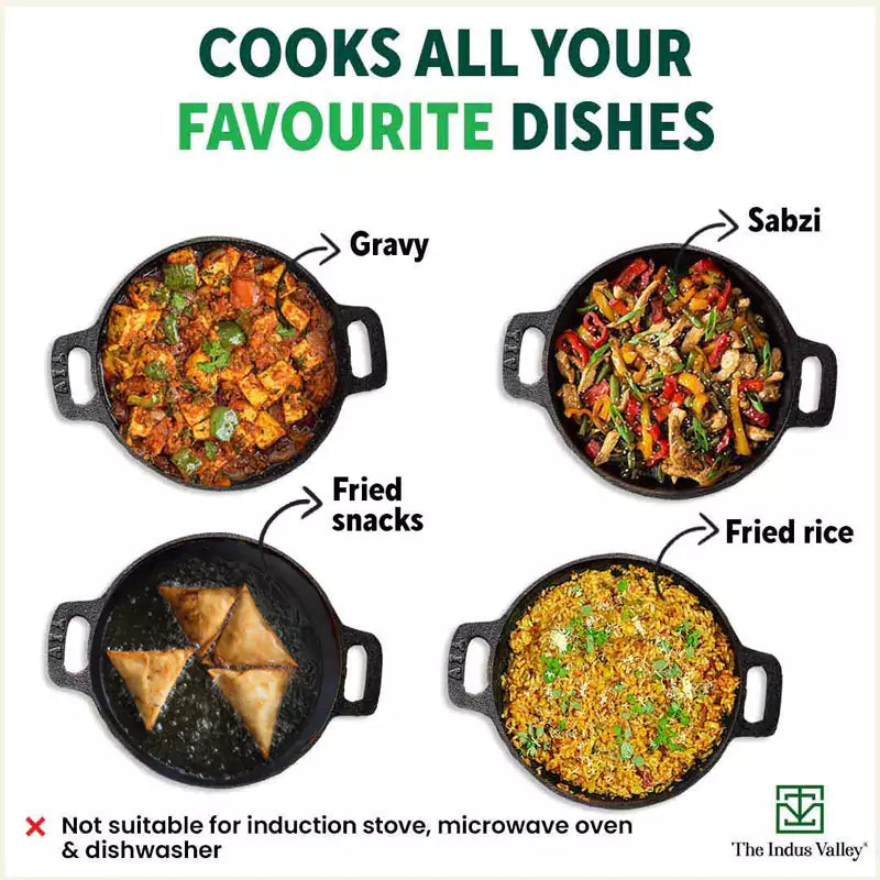 The Indus Valley Super Smooth Cast Iron Kadai,Pre-seasoned, Nonstick, 100% Pure, Toxin-free, Spatula, 25.4cm, 2.5L, 2.4kg | Grocsy