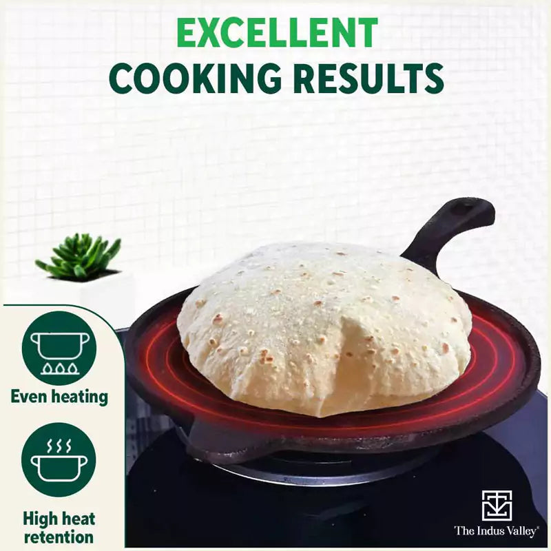 The Indus Valley Super Smooth Cast Iron Tawa, Long Handle,Pre-seasoned, Nonstick, 100% Pure, Toxin-free, Induction,Spatula, 25.4cm, 1.8kg | Grocsy