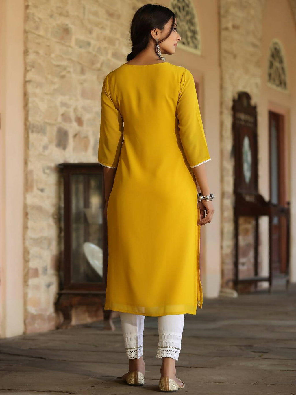 Juniper Women's Yellow Georgette Printed Kurta | Grocsy