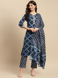 Sangria Indigo Blue Geometric Printed Pure-Cotton Straight Kurta With Trouser & Dupatta | Grocsy