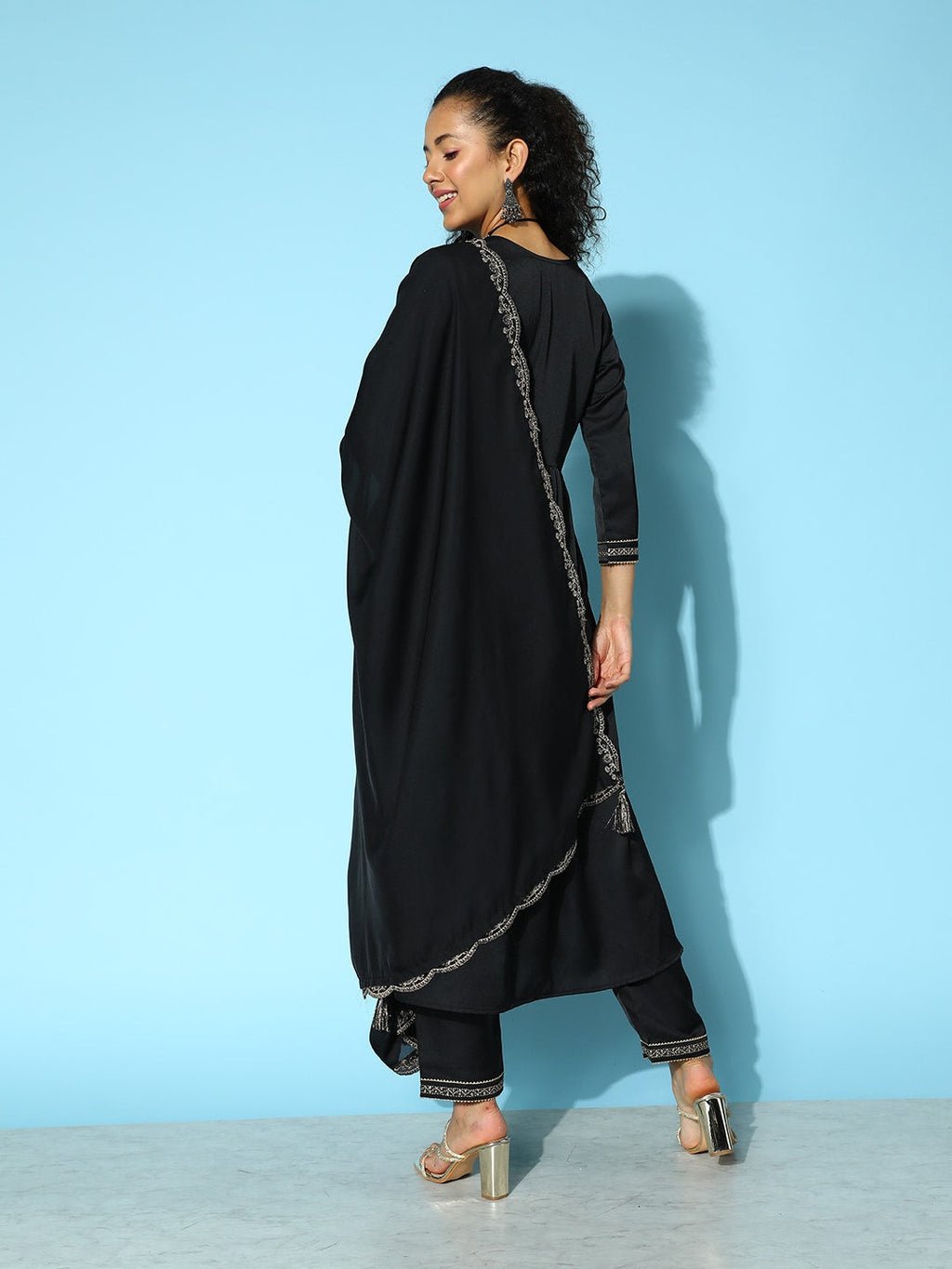 Sangria Floral Embroidered Angrakha Zari Kurta with Trousers & With Dupatta | Grocsy