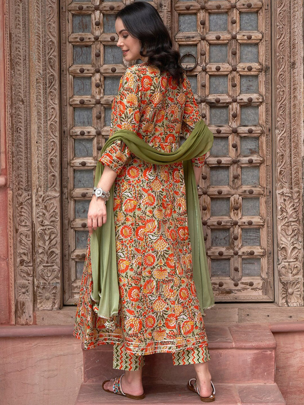 Sangria Orange Printed Gotta Patti Detail Pure Cotton A-Line Kurta With Trousers & Dupatta | Grocsy