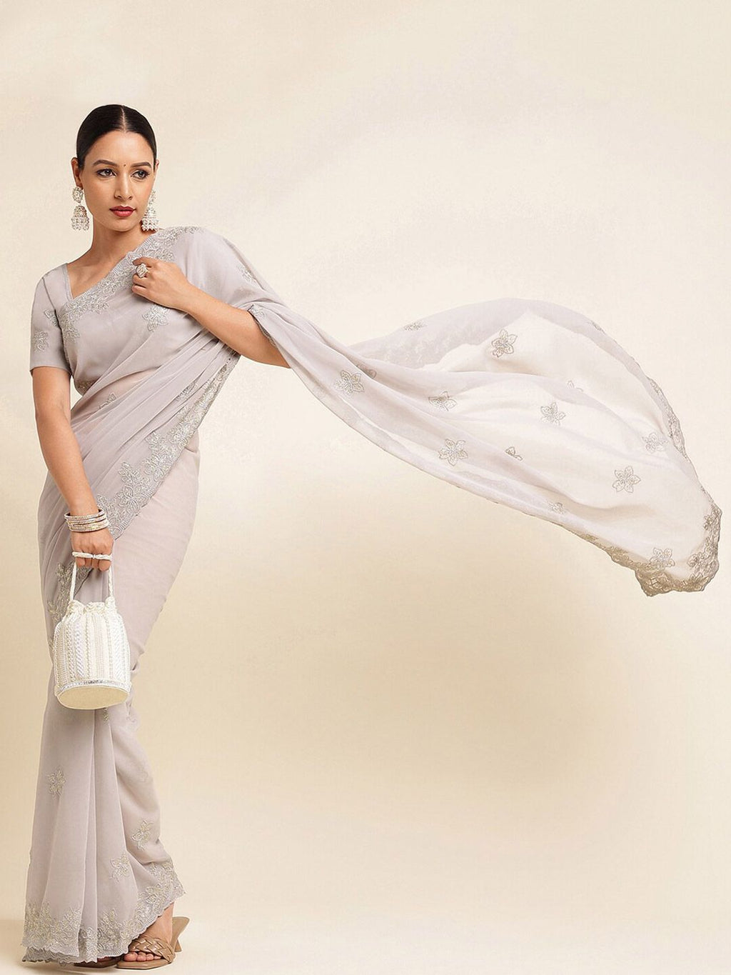 kasee Floral Embroidered Poly Gerogette Saree | Grocsy