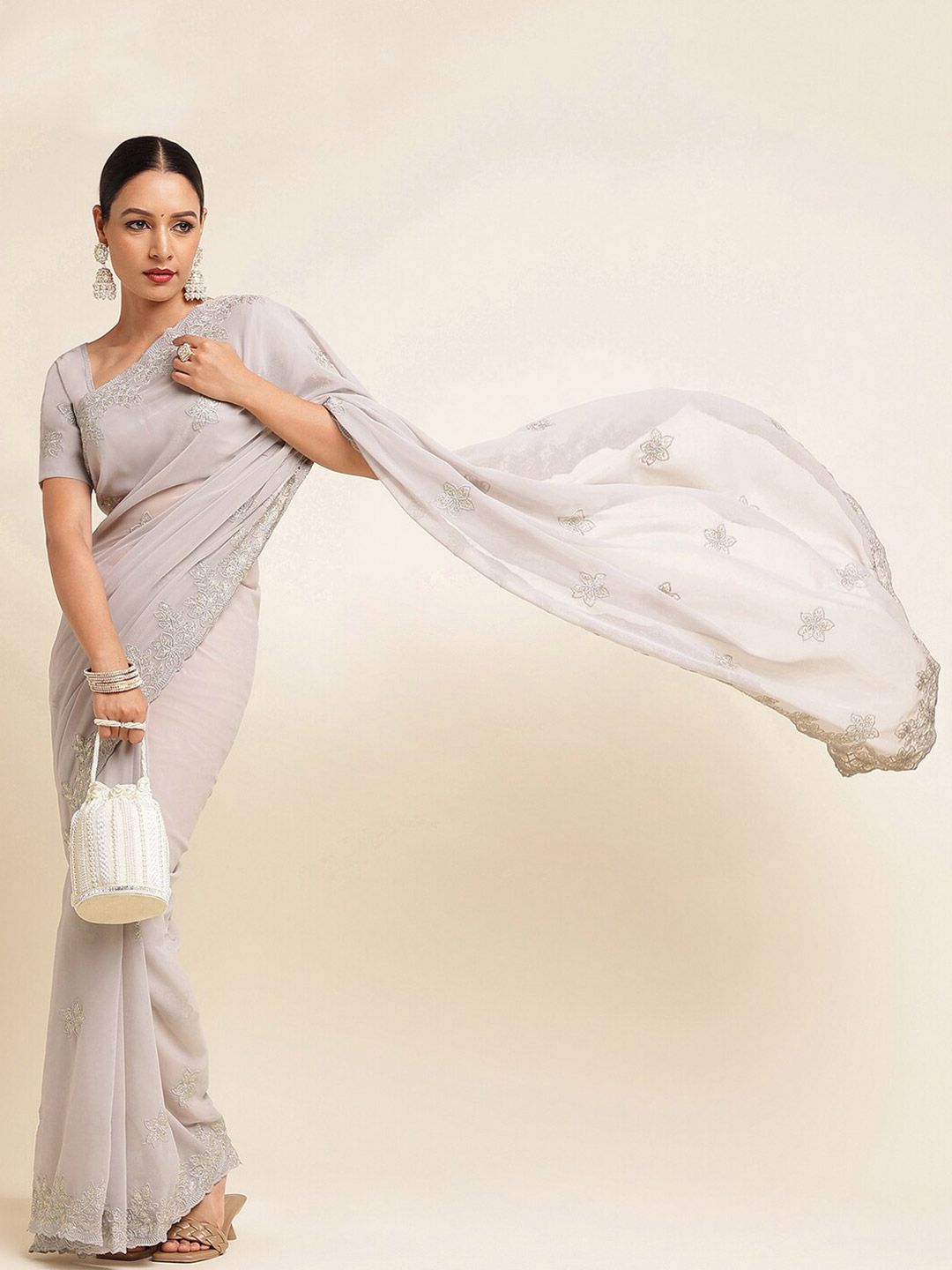 kasee Floral Embroidered Poly Gerogette Saree | Grocsy