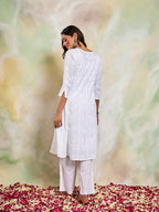 HOUSE OF KARI Women Notch Neck Floral Embroidered Chikankari Shadow Work Cotton Kurta | Grocsy