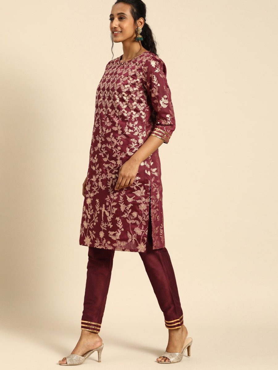 All About You Women Purple & Gold-Toned Ethnic Motifs Printed Regular Kurta with Trousers | Grocsy