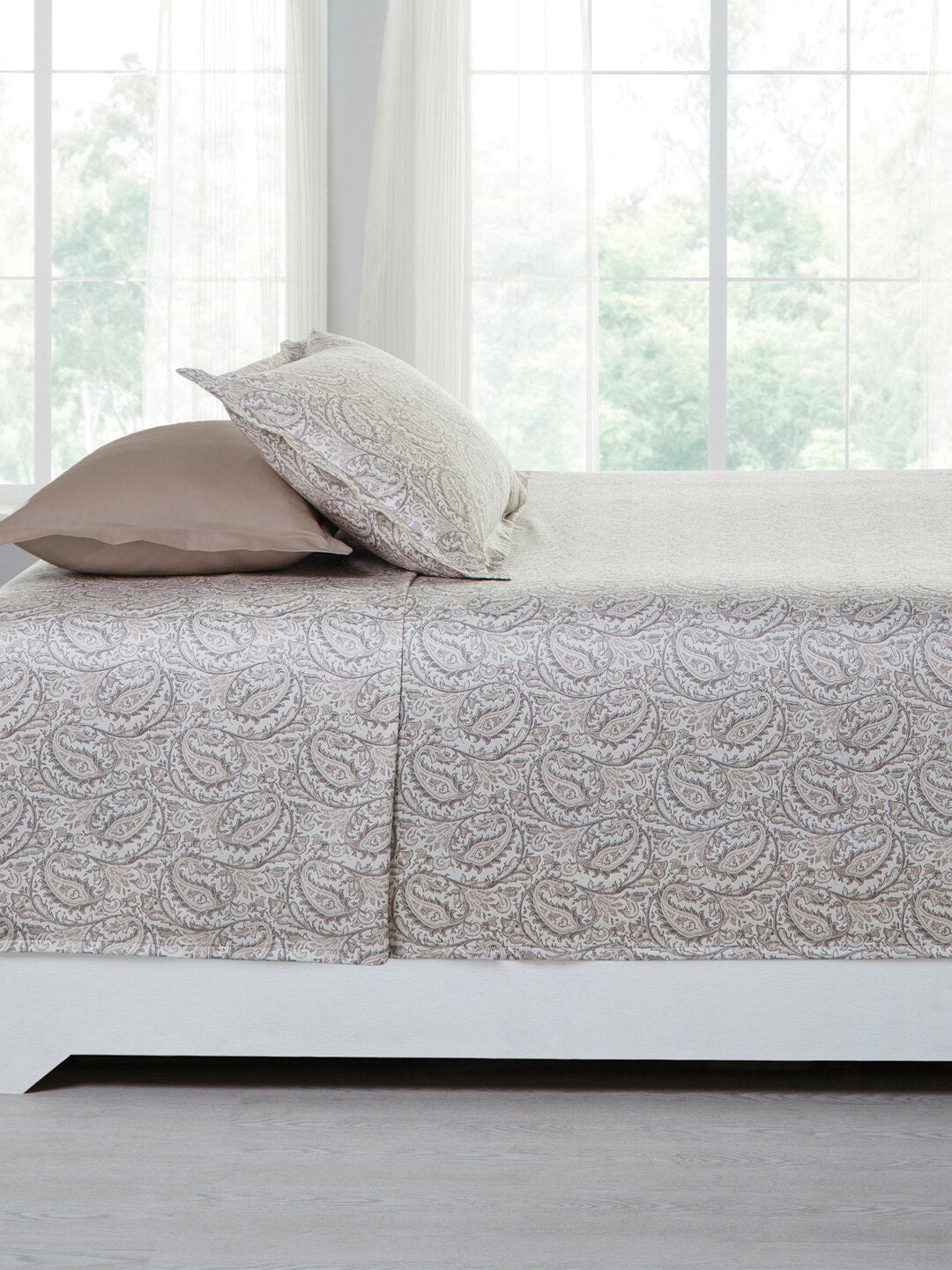 MYTRIDENTBeige White Ethnic Motifs 100% Cotton 400 TC King Bedsheet with 4 Pillow Covers | Grocsy