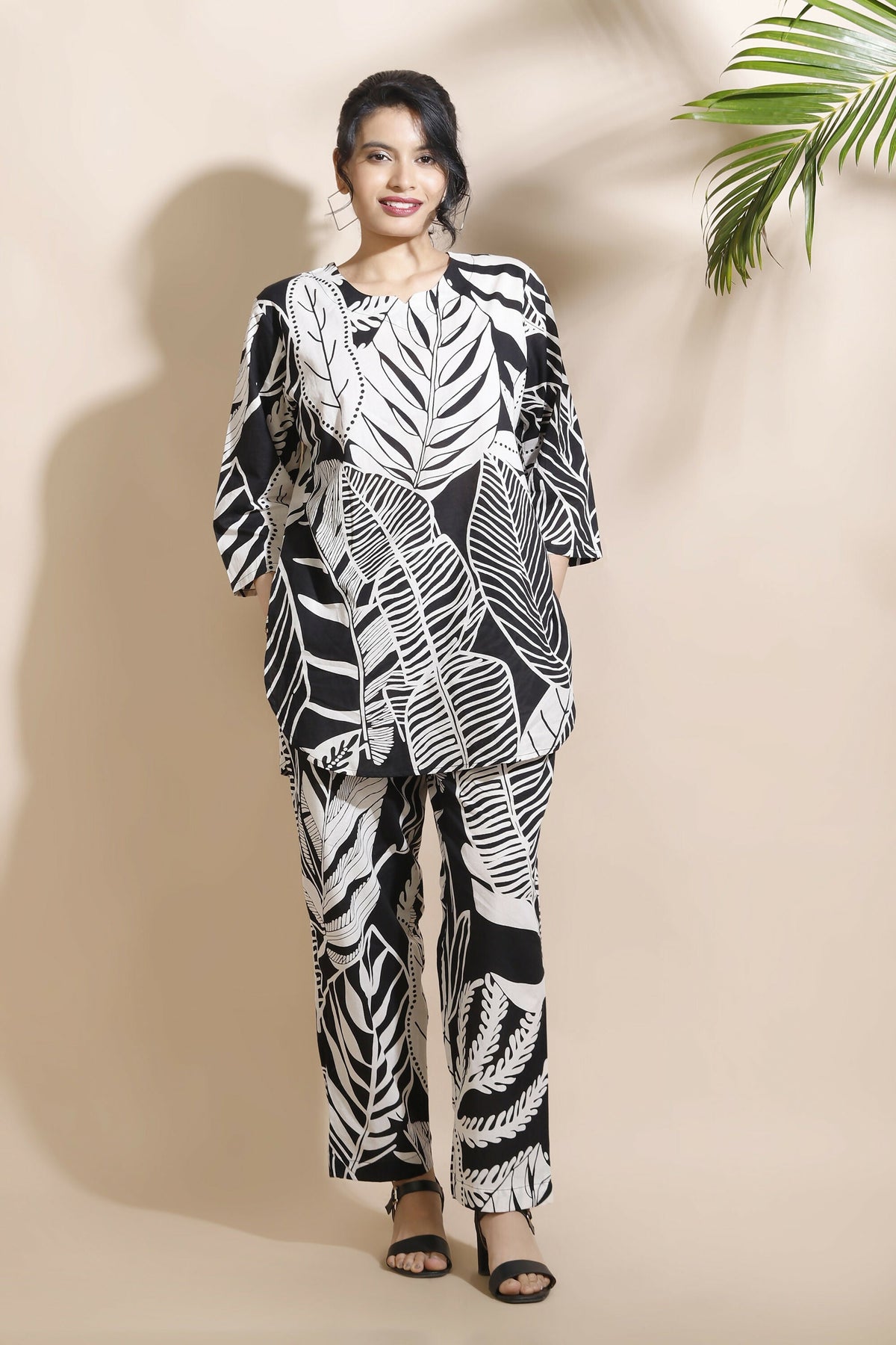 Breathables Nature-Inspired Cotton Co-Ord Set – Hip-Length Kurta & Pants Black | Grocsy