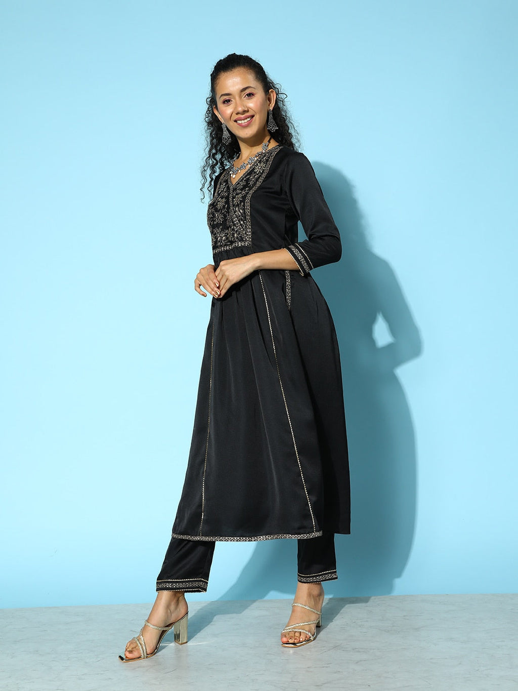 Sangria Floral Embroidered Angrakha Zari Kurta with Trousers & With Dupatta | Grocsy