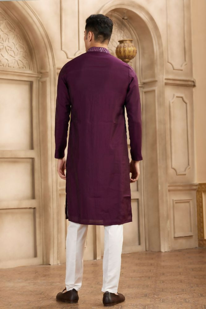 Raivat Ethnic Banarasi Art Silk Mirror Work Kurta Pajama In Wine Colour | Grocsy