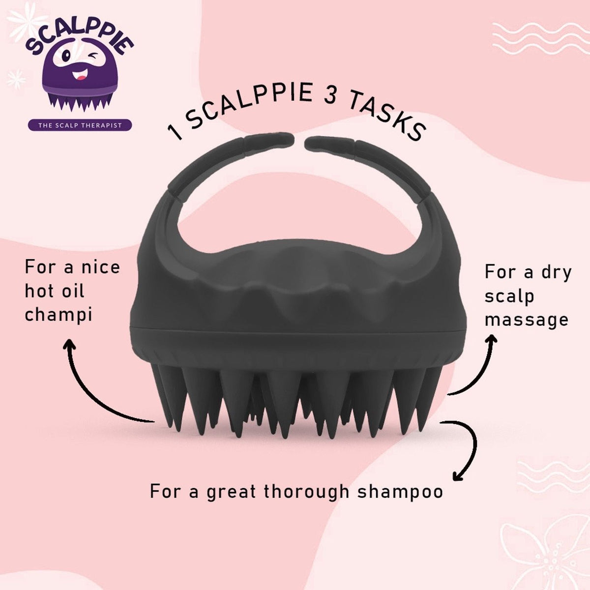 Scalppie Silicon Hair Scalp Massager & Shampoo Brush Scrub For Hair Growth & Anti Dandruff - Black | Grocsy