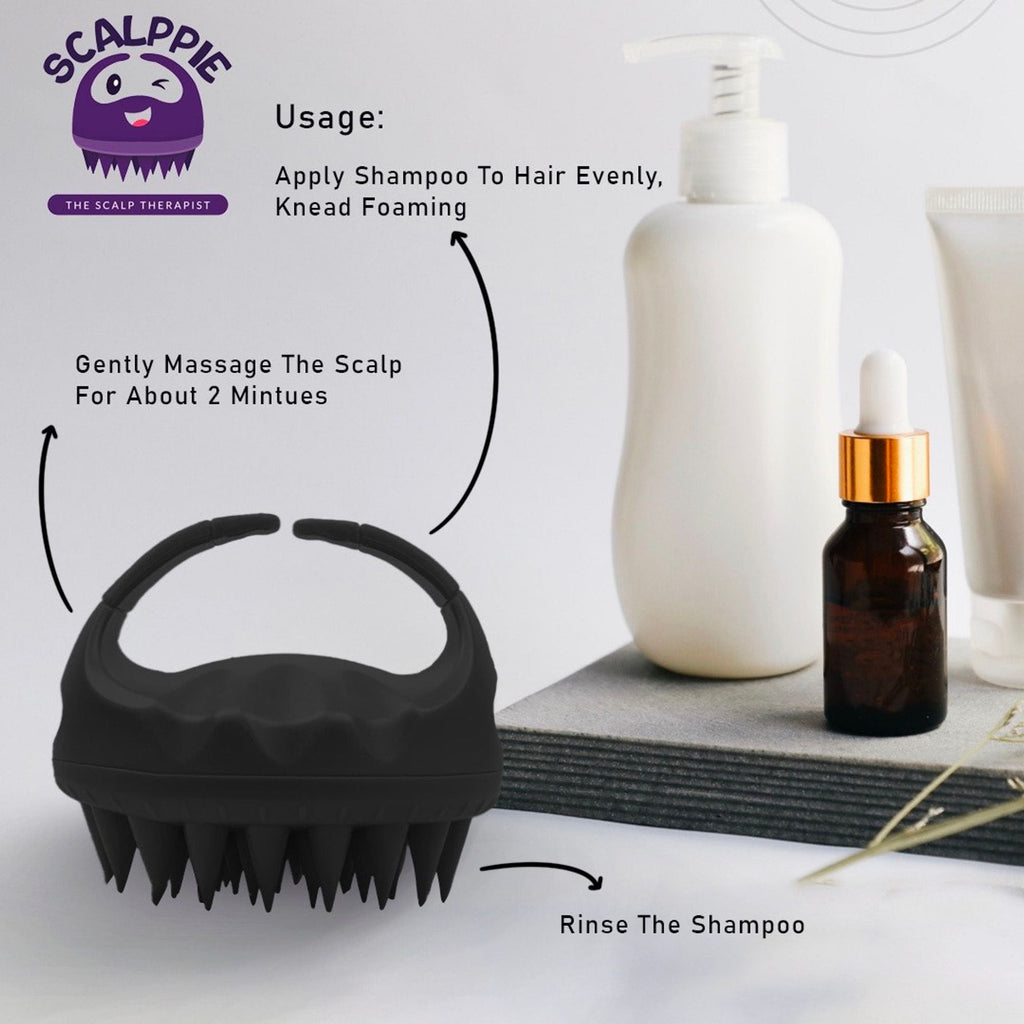 Scalppie Silicon Hair Scalp Massager & Shampoo Brush Scrub For Hair Growth & Anti Dandruff - Black | Grocsy