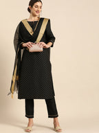 All About You Women Black & Gold Printed Regular Kurta with Trousers & Dupatta | Grocsy