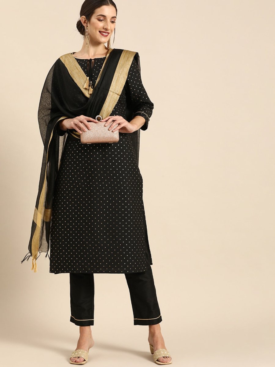 All About You Women Black & Gold Printed Regular Kurta with Trousers & Dupatta | Grocsy
