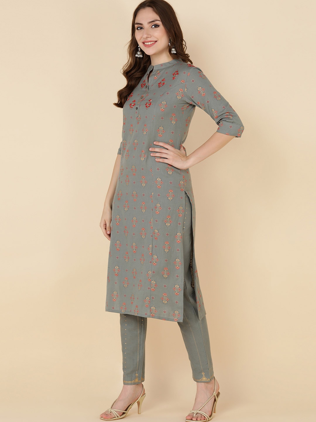 HERE&NOW Women Grey Ethnic Motifs Printed Gotta Patti Kurta with Trouser & Dupatta | Grocsy