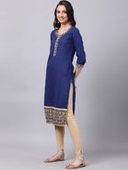 Souchii Women Blue Yoke Design Thread Work Grandeur & Majestic Artwork Kurta | Grocsy