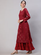 Aks Woven Design Round Neck Zari Cotton A-Line Kurta | Grocsy